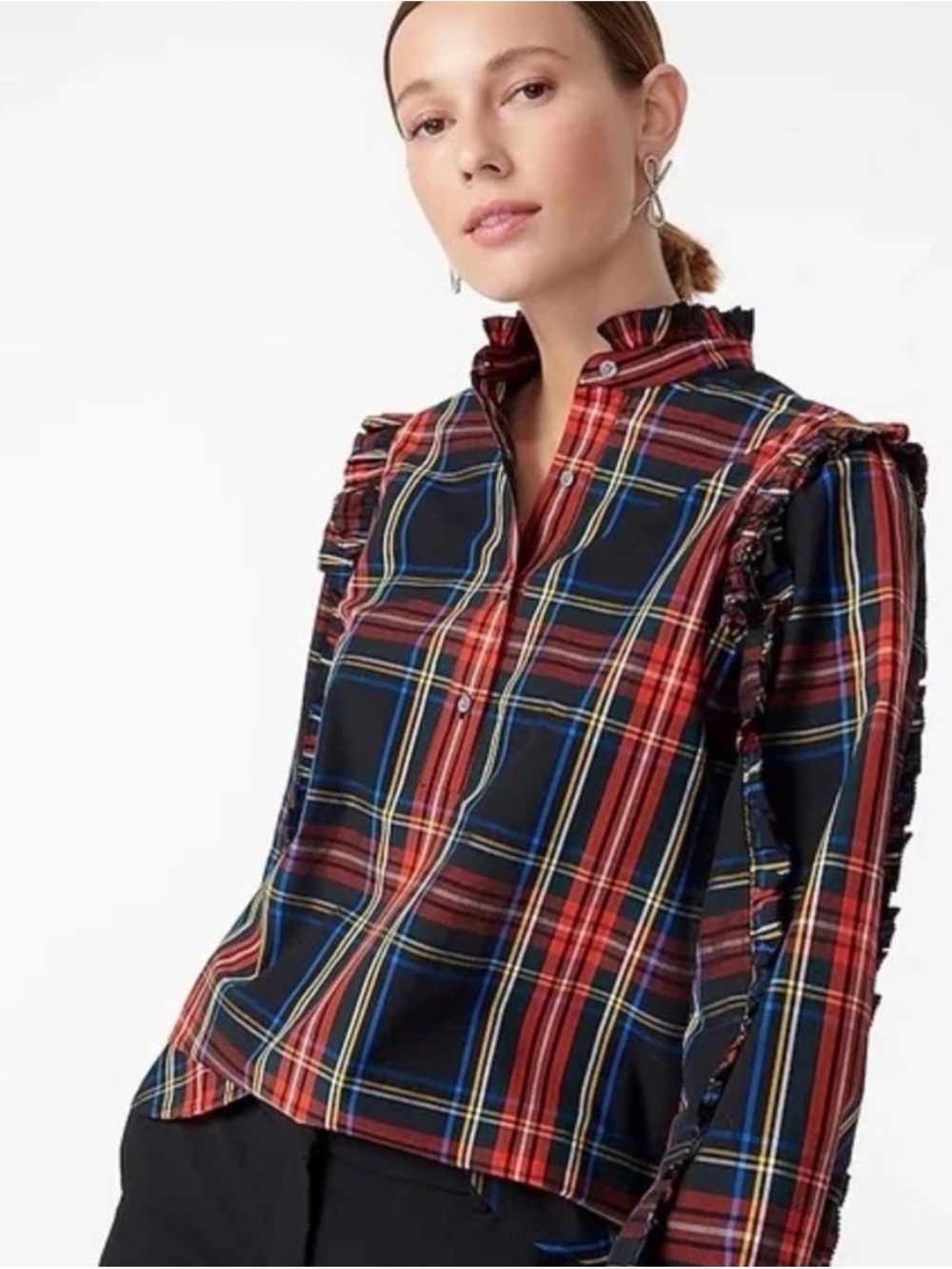 NWT J. Crew Red and Navy Plaid Ruffle-Trim Blouse